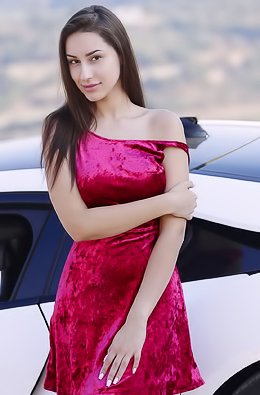 Angelina Socho Shows Big Natural Breasts Near Sport Car