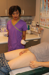 Nurse Jasmine Barnes Extracts Johns Sample As She Hands Him A Latex Gloved Handjob