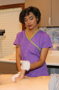 Nurse Jasmine Barnes Extracts Johns Sample As She Hands Him A Latex Gloved Handjob