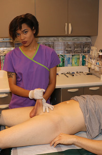 Nurse Jasmine Barnes Extracts Johns Sample As She Hands Him A Latex Gloved Handjob