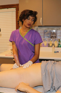 Nurse Jasmine Barnes Extracts Johns Sample As She Hands Him A Latex Gloved Handjob