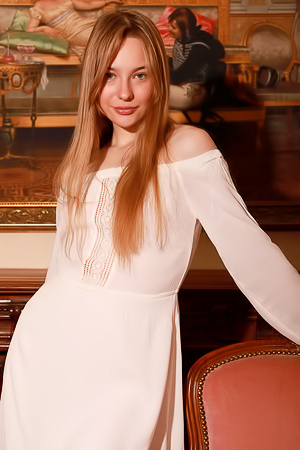 Kennedy Gracefully Perches On Antique Chair Spread Legs Teasing With Naughty Grin